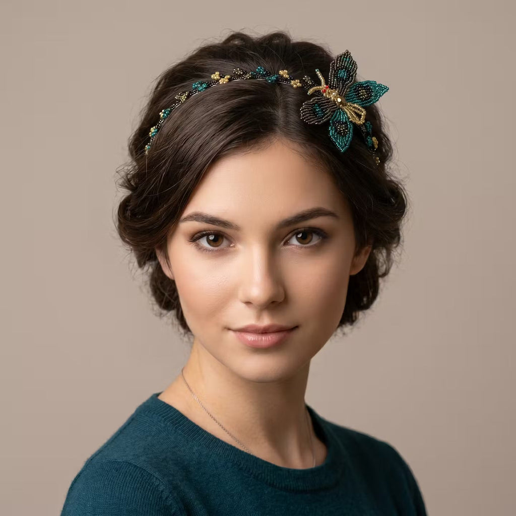 Serre-tête perlé avec papillon turquoise