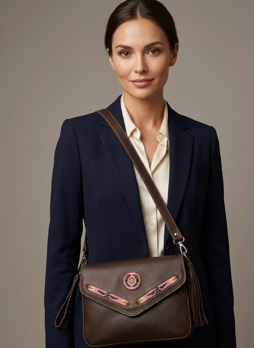 Sac bandoulière en cuir avec perles (marron chocolat)