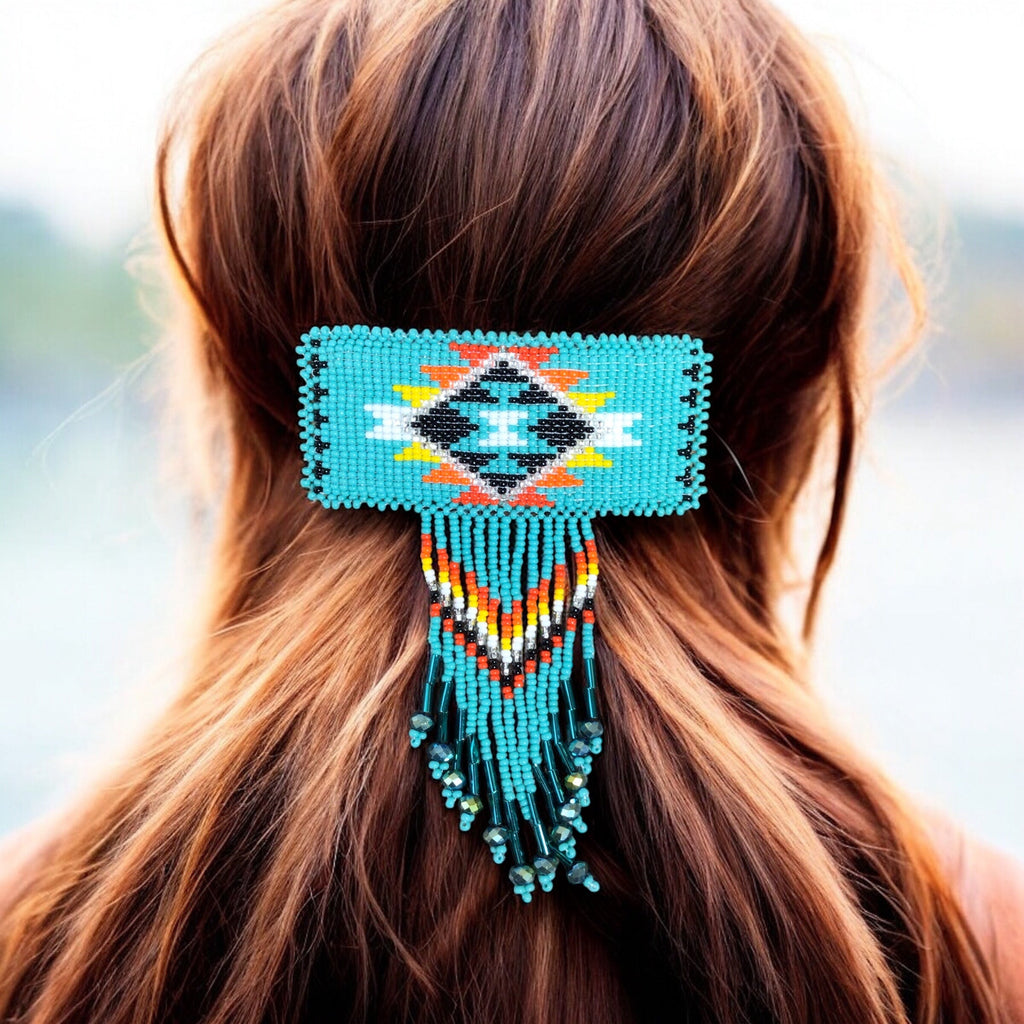 Barrette rectangulaire à franges – Turquoise et jaune