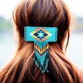 Barrette rectangulaire à franges – Turquoise et jaune