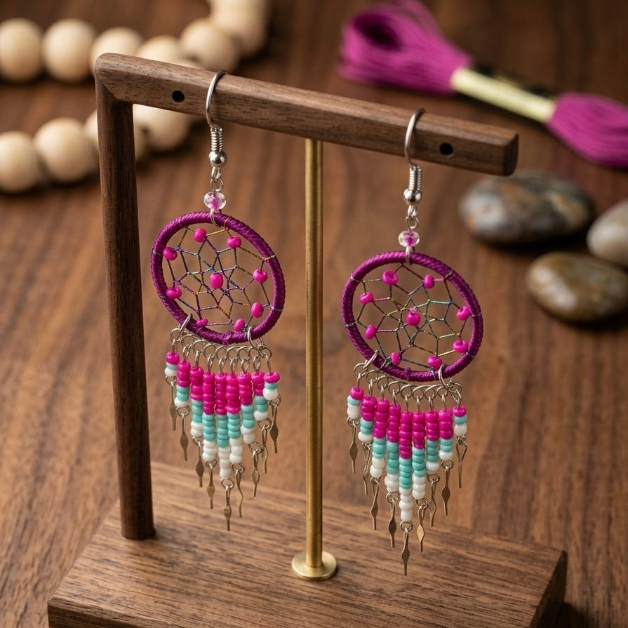 Boucles d'oreilles pendantes Dreamcatcher magenta et bleu ciel