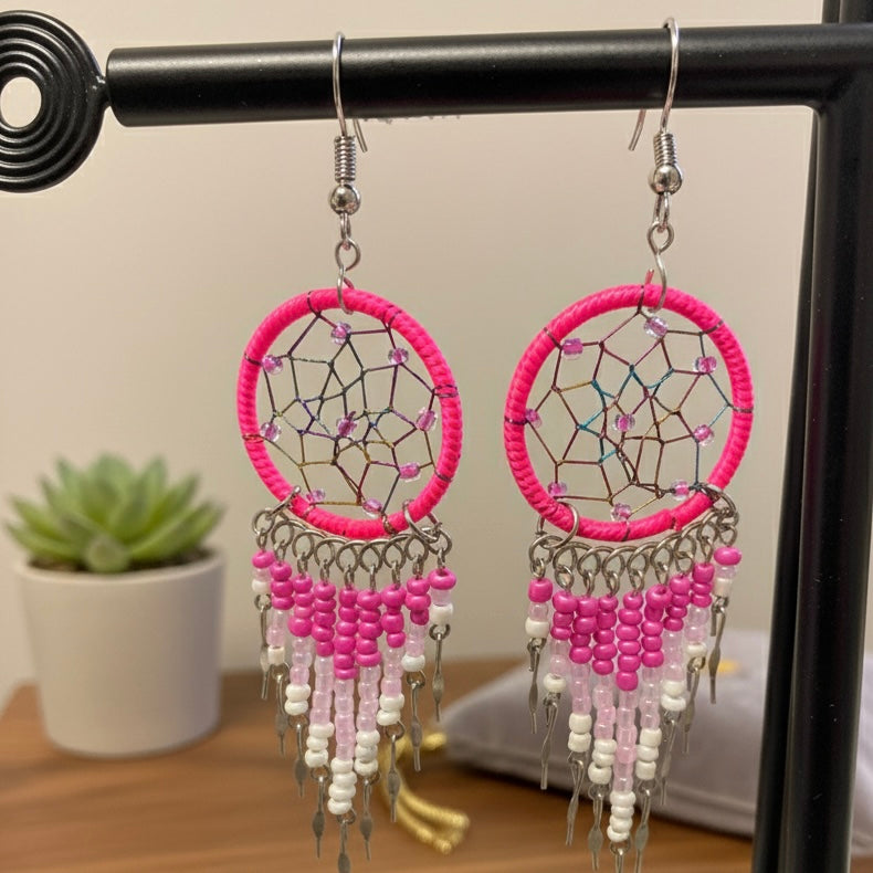 Boucles d'oreilles pendantes attrape-rêves rose/fuchsia