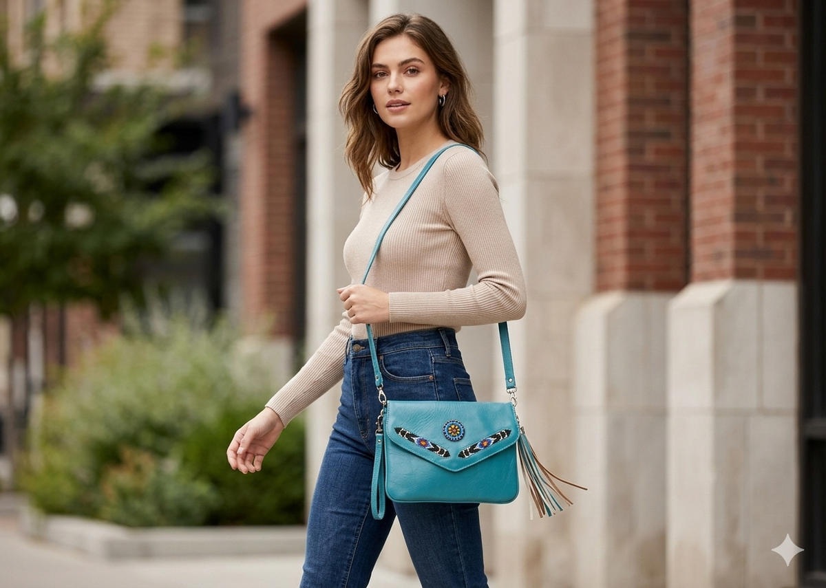 Sac bandoulière en cuir perlé (turquoise)