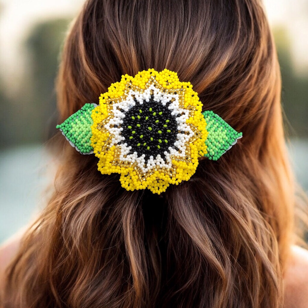Pince à cheveux tournesol perlée faite à la main - Doré et blanc