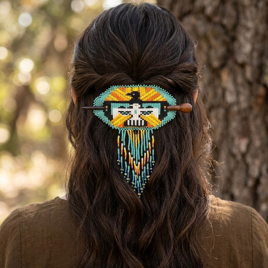 Barrette perlée à franges Aigle et bâtonnet en bois