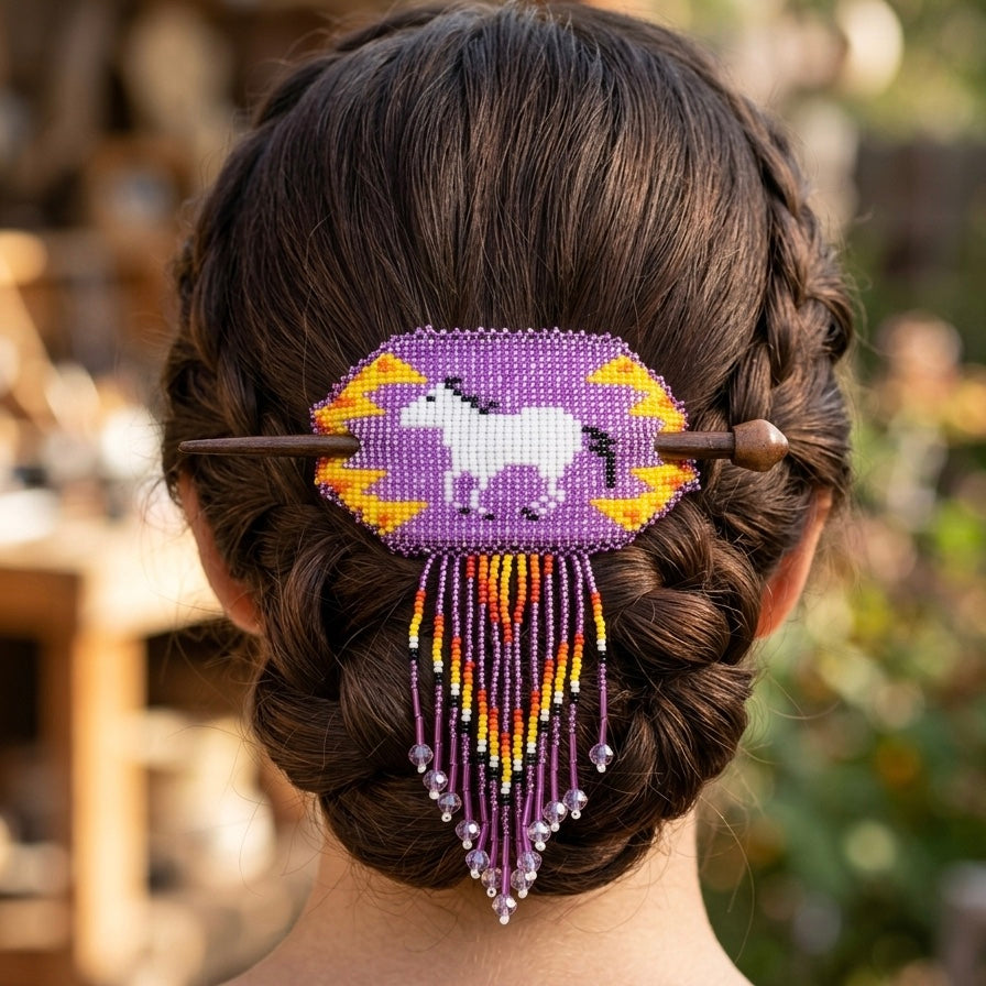 Barrette perlée à franges et Chevaux en bois sur bâton