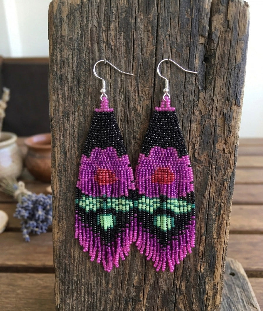 Boucles d'oreilles fleuries perlées (Rose)