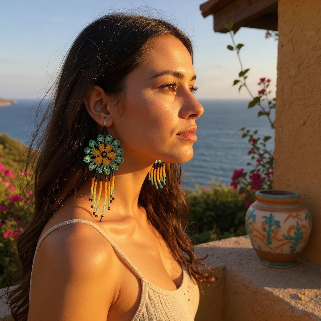 Boucles d'oreilles perlées Fleur jaune vert