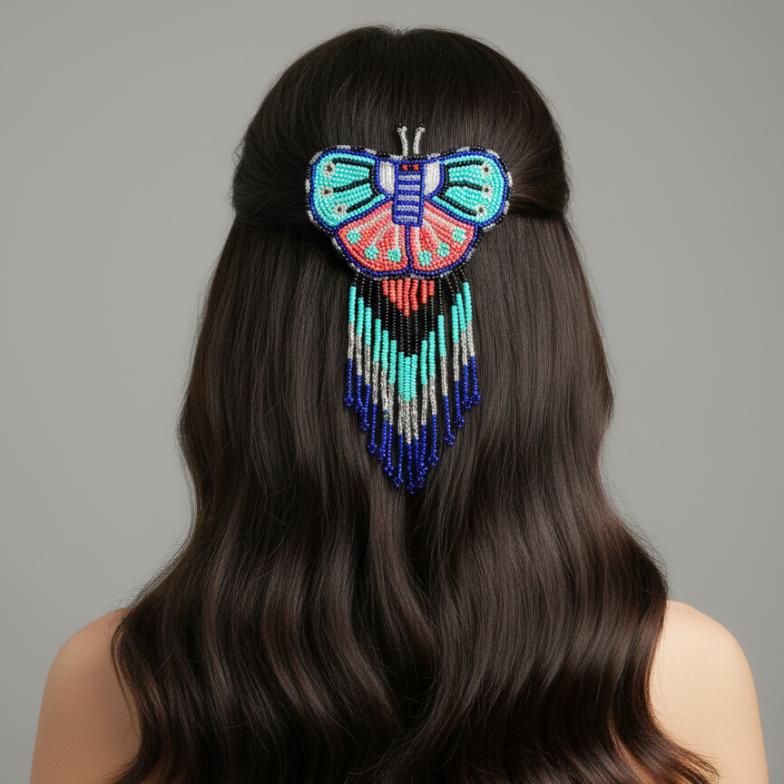 Barrettes Papillons Perles avec Franges Turquoise et Rouge