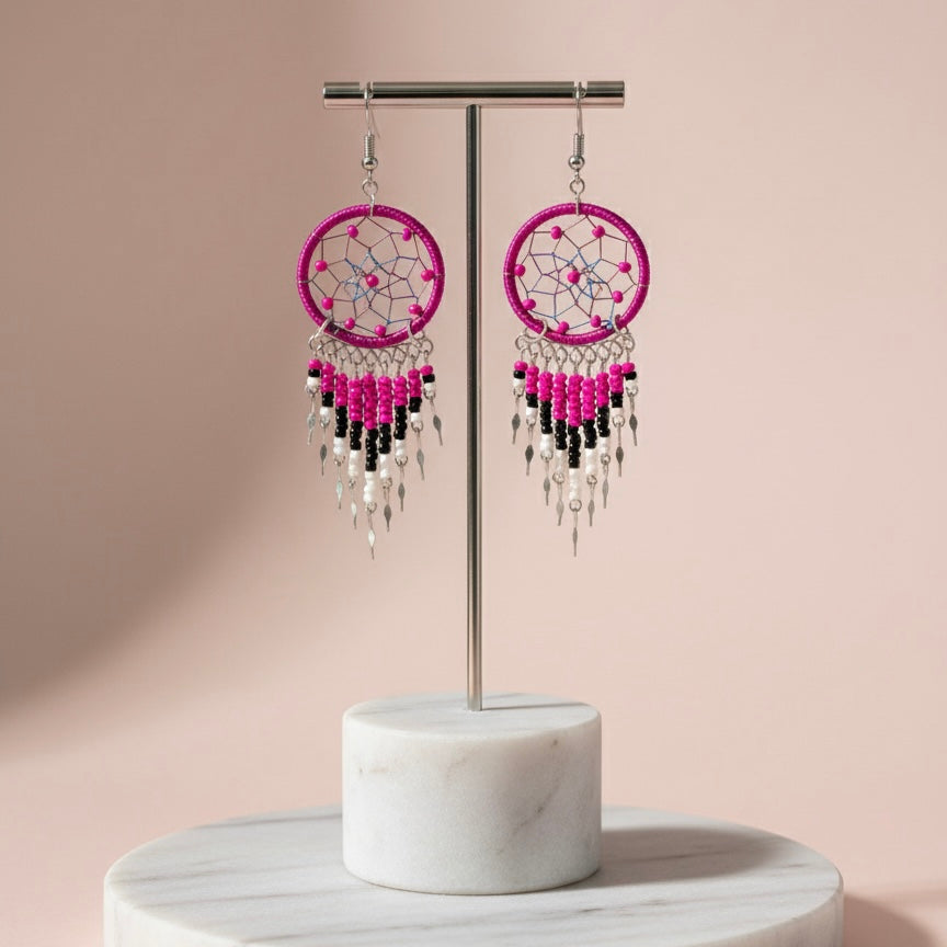 Boucles d'oreilles pendantes attrape-rêves fuchsia et noir