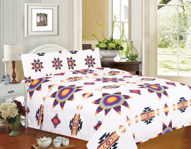Parure de draps très doux blancs pour grand lit – motif Starburst