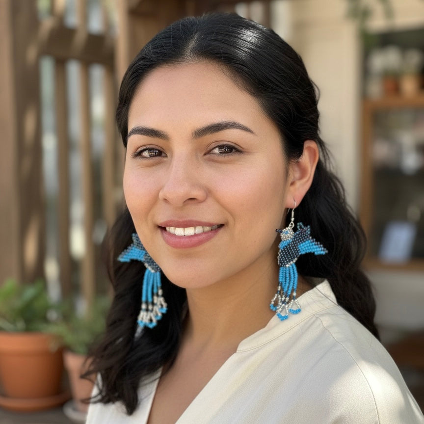 Boucles d'oreilles colibri perlées faites à la main – Bleu