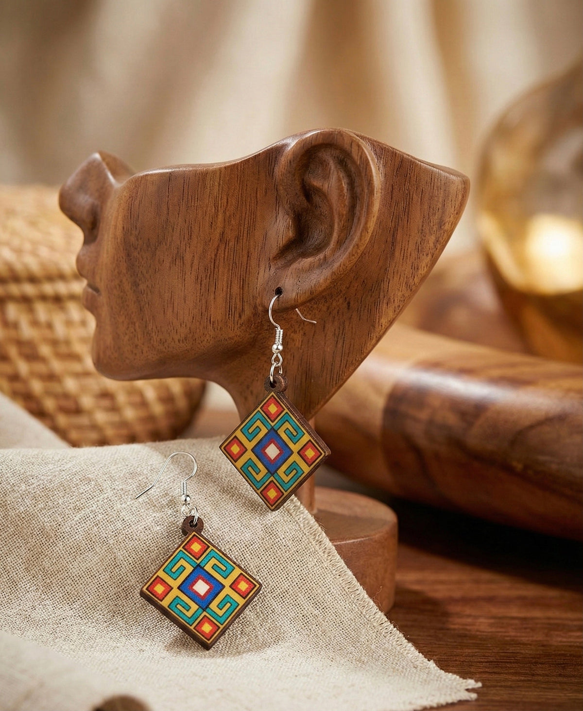 Boucles d'oreilles en bois OLDTRIBES™ peintes bleues et moutarde en forme de losange