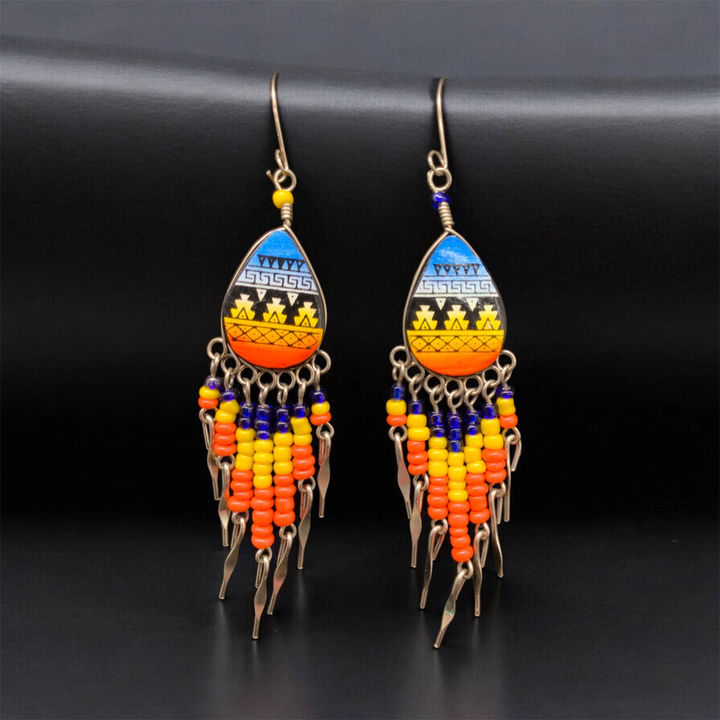 Boucles d'oreilles OldTribes™ en forme de goutte, petites, de style sud-ouest, jaunes et bleues