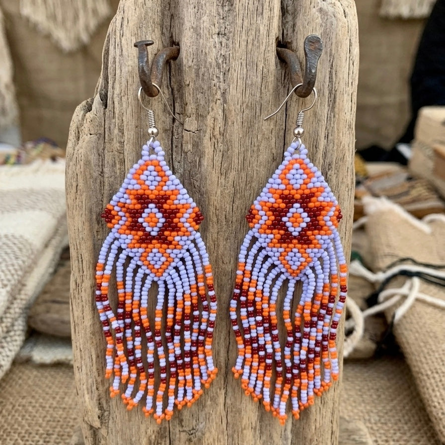 Boucles d'oreilles pendantes à franges perlées (bleues)
