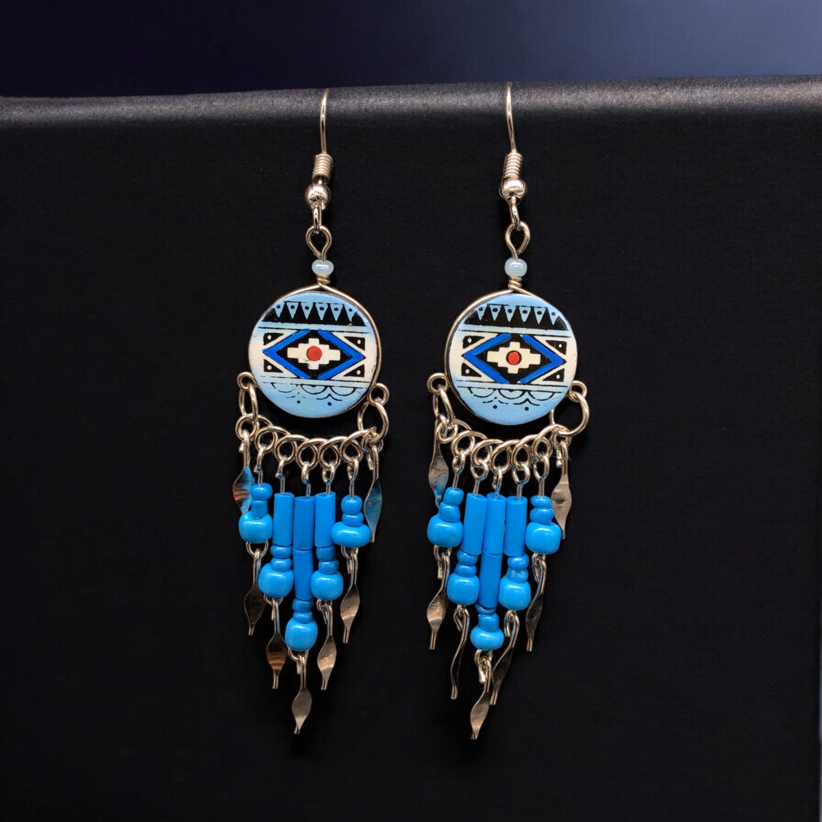 Boucles d'oreilles pendantes rondes de style sud-ouest bleues