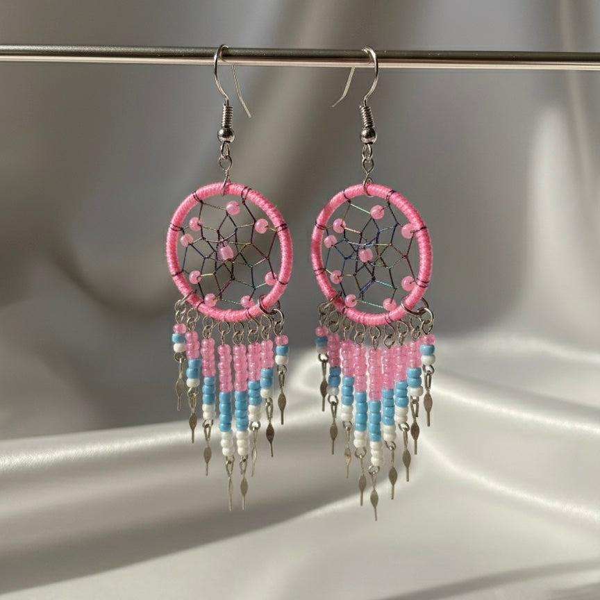 Boucles d'oreilles pendantes attrape-rêves rose clair/bleu ciel