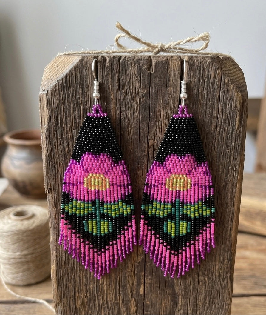 Boucles d'oreilles fleuries perlées (Rose)