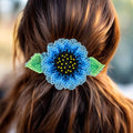 Pince à cheveux tournesol perlée faite main - Bleu ciel