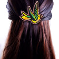 Barrette colibri perlée jaune et verte