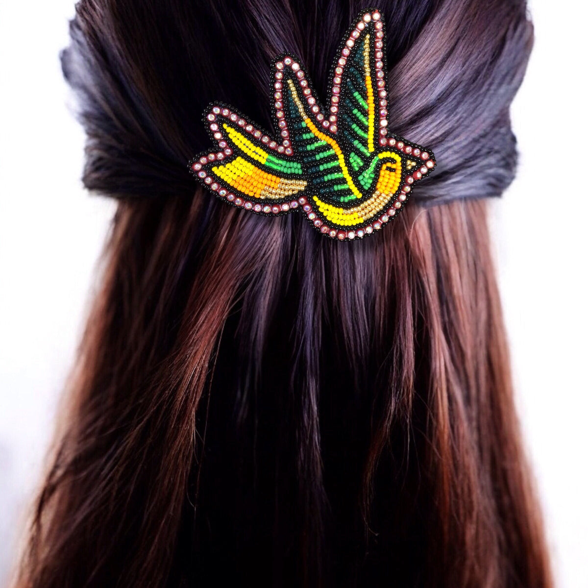 Barrette colibri perlée jaune et verte