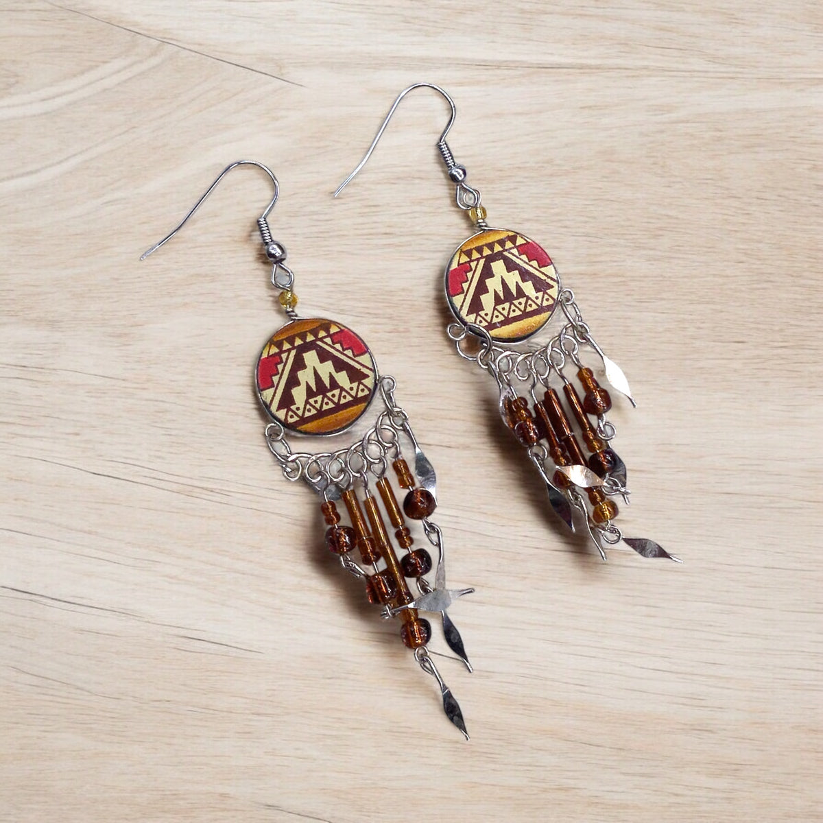 Boucles d'oreilles pendantes rondes de style sud-ouest, rouges et oranges