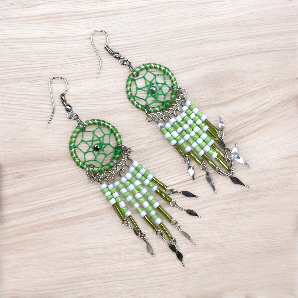 Boucles d'oreilles Attrape-rêves Vert et Blanc Perlé
