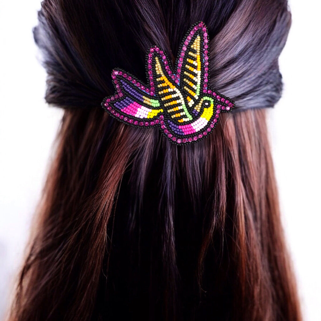 Barrette colibri rose et blanche perlée