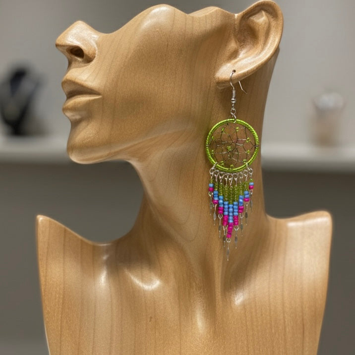 Boucles d'oreilles pendantes attrape-rêves vert sauge