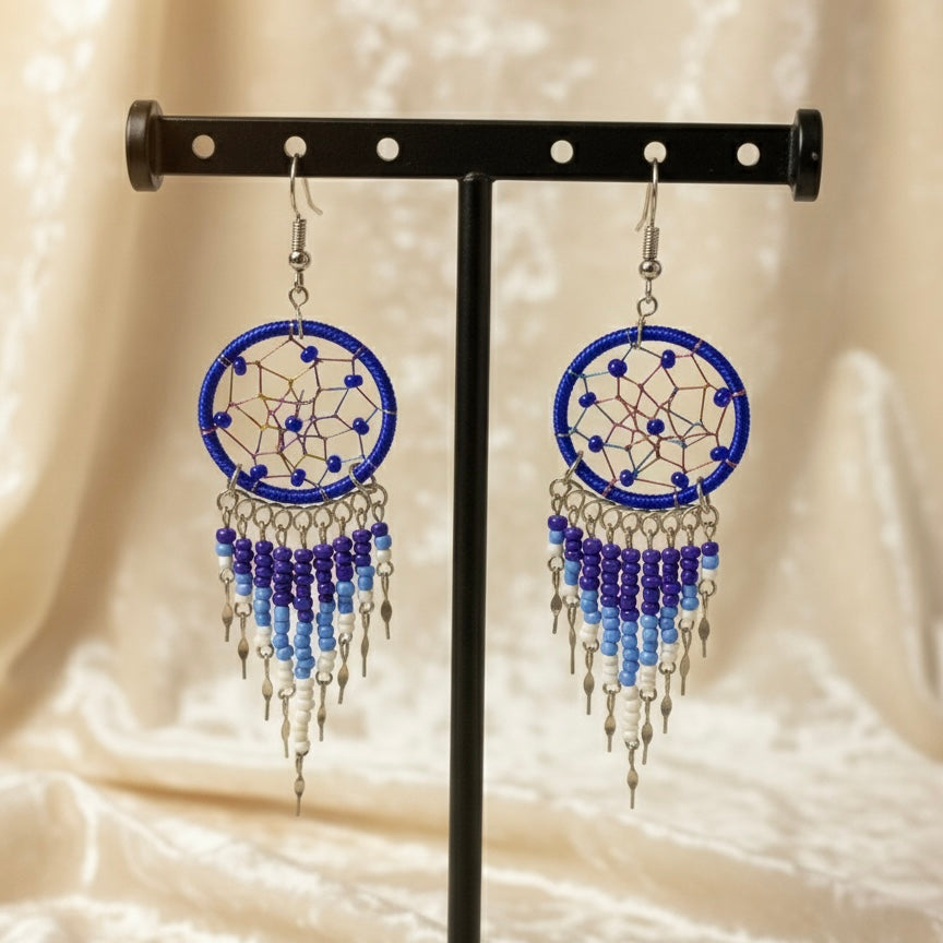 Bleu foncé/Boucles d'oreilles pendantes attrape-rêves
