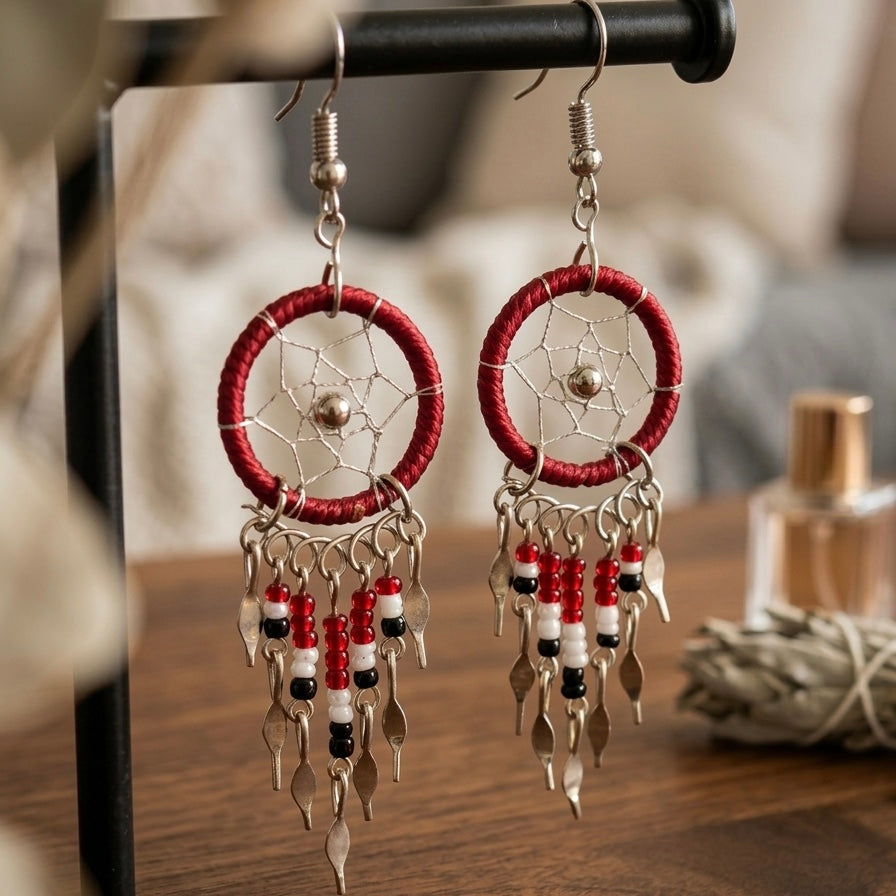 Boucles d'oreilles attrape-rêves bordeaux à perles OLDTRIBES™