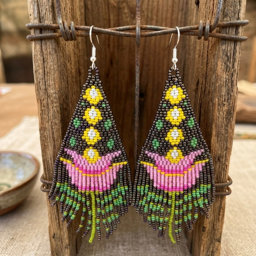 Boucles d'oreilles pendantes Fleur Flamme Brune