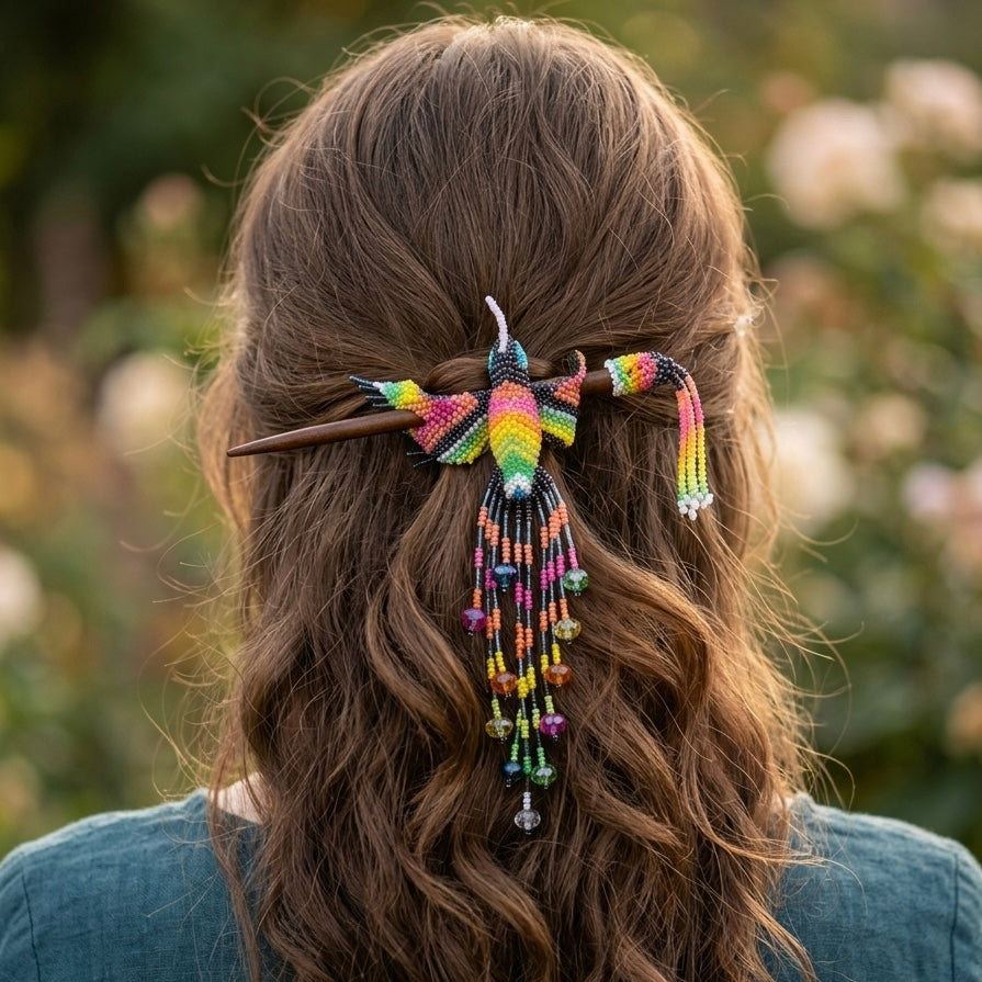 Pique à cheveux bleu marine colibri perlé
