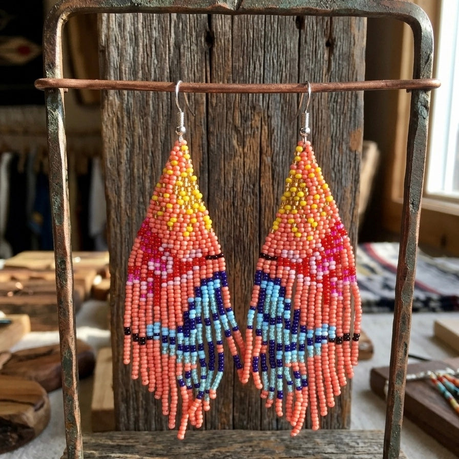 Boucles d'oreilles perlées pêche et bleu ciel