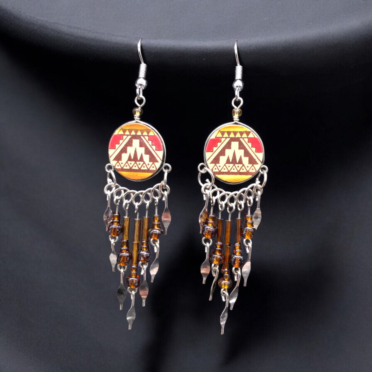 Boucles d'oreilles pendantes rondes de style sud-ouest, rouges et oranges