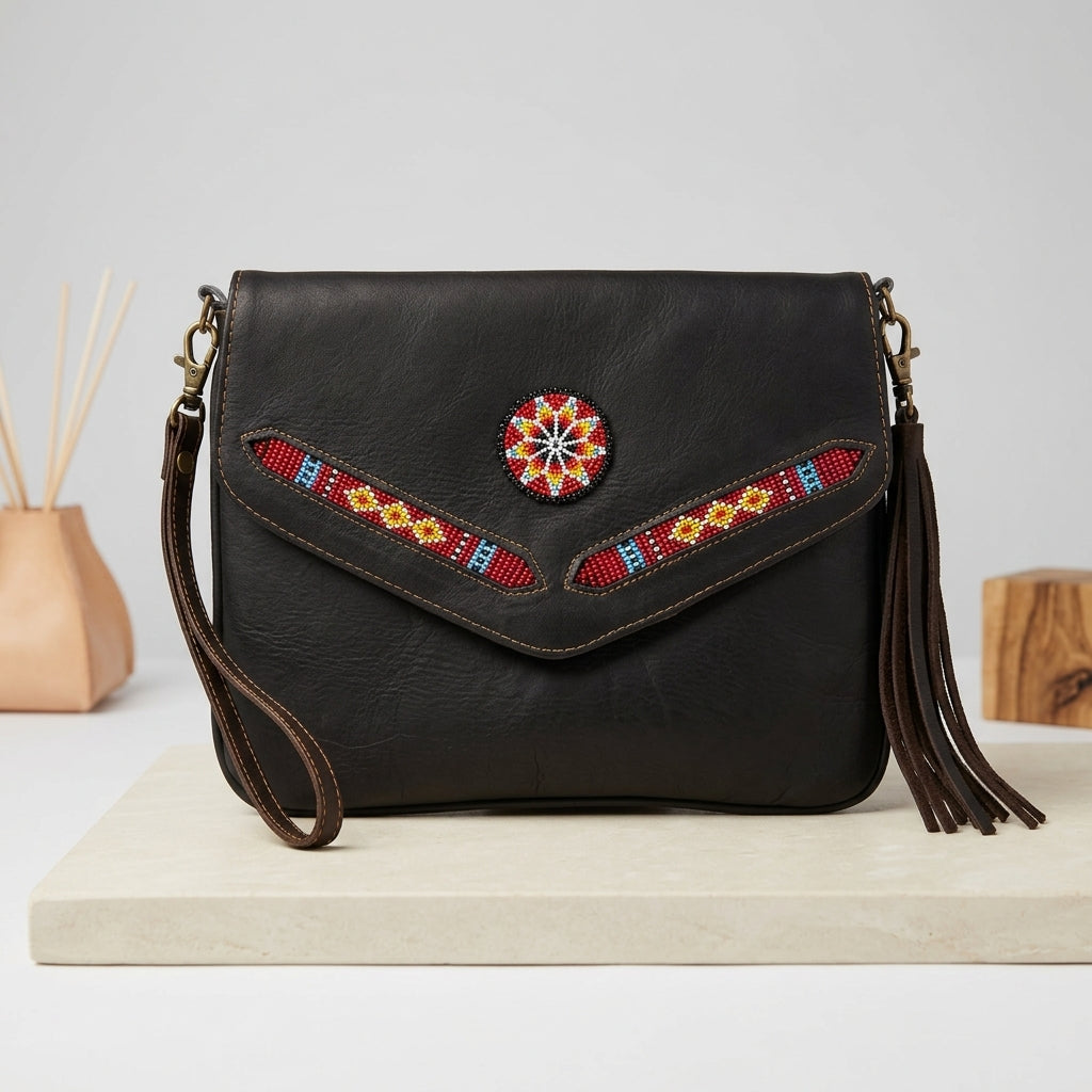 Sac bandoulière en cuir avec perles (marron chocolat)