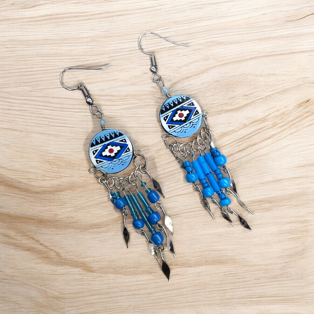 Boucles d'oreilles pendantes rondes de style sud-ouest bleues