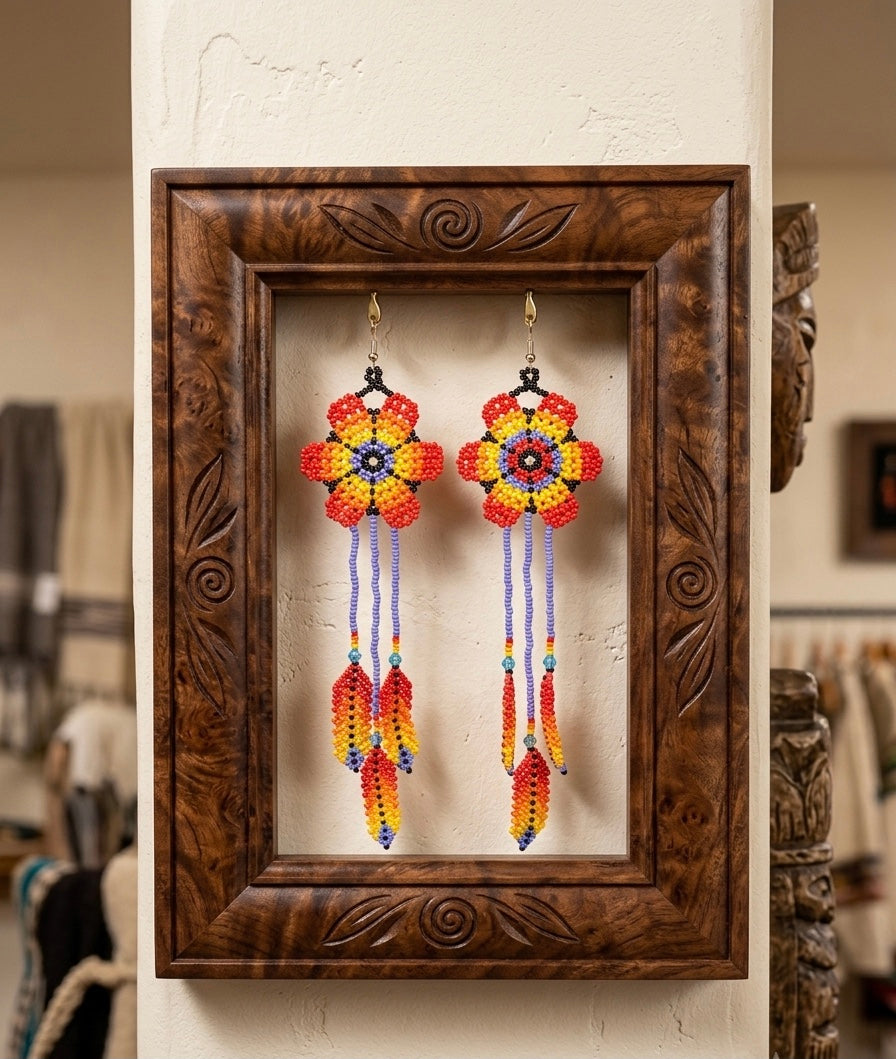 Boucles d'oreilles perlées Plume de soleil en fleur - rouge/orange/jaune