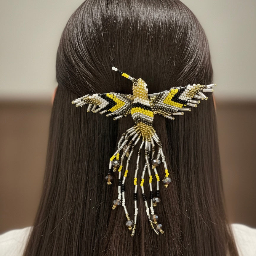Barrette Colibri jaune et noir à franges