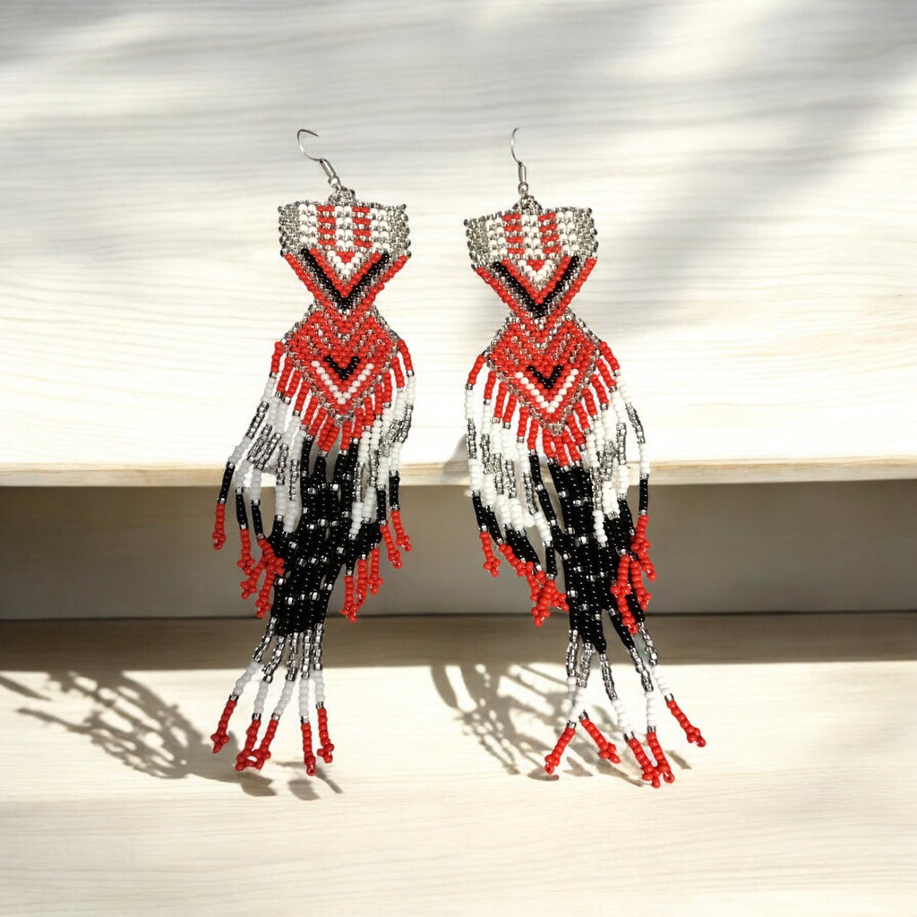 Boucles d'oreilles perlées Chemin Coucher de soleil argent et rouge
