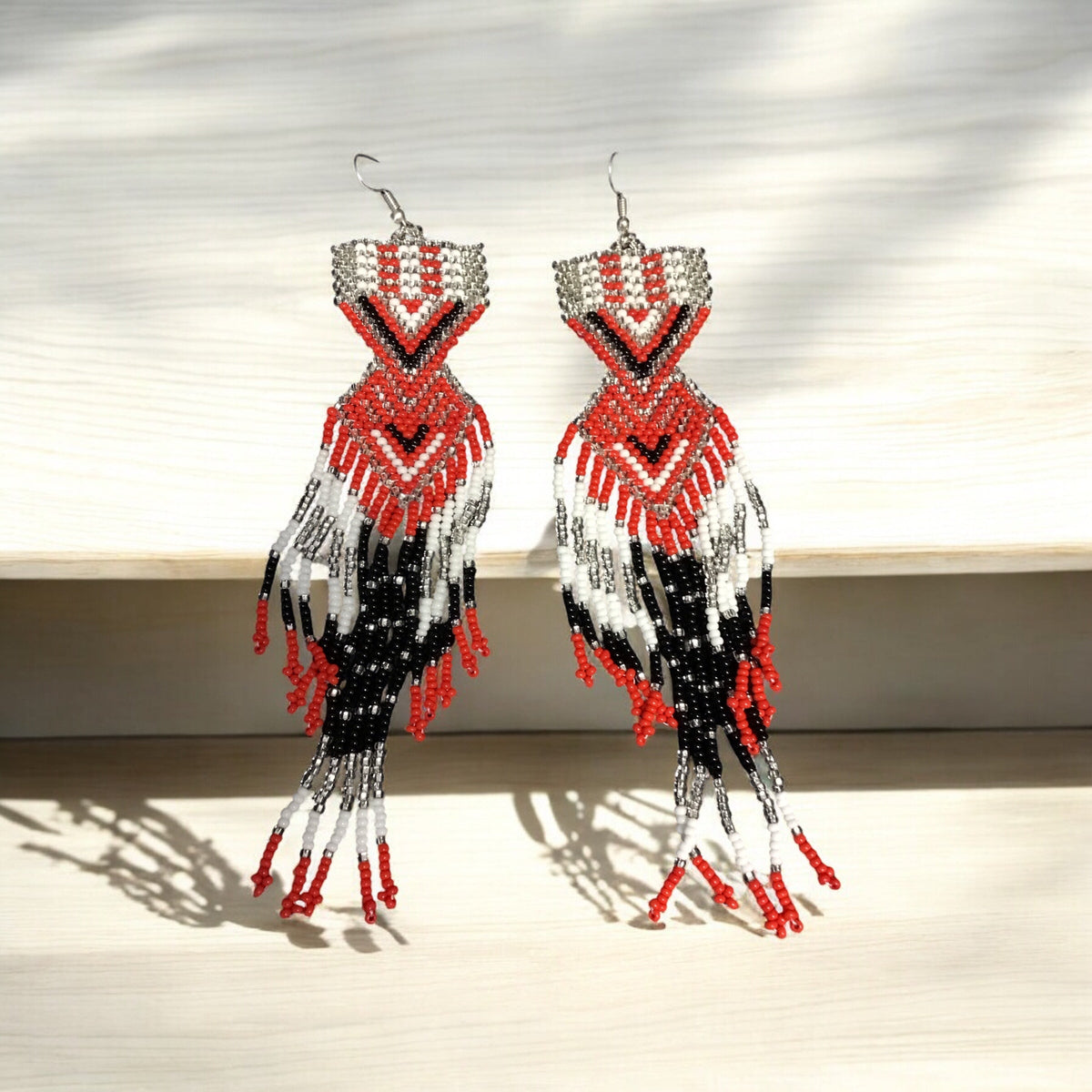 Boucles d'oreilles perlées Chemin Coucher de soleil argent et rouge