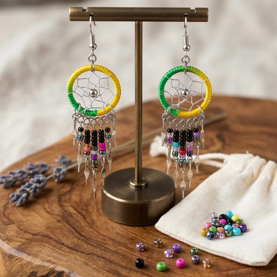 Boucles d'oreilles Attrape-rêves perlées jaune/vert