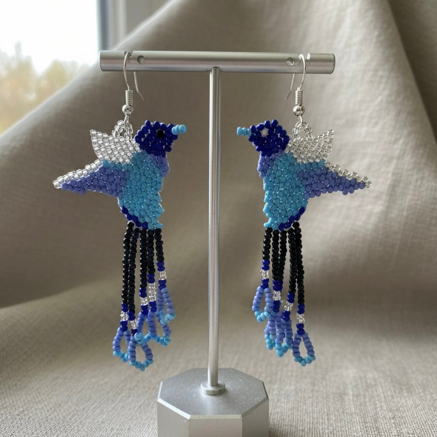 Boucles d'oreilles colibri perlées faites à la main – Turquoise et noir