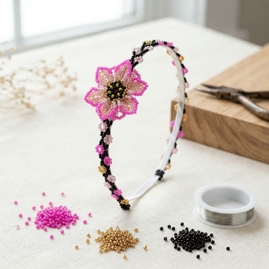 Serre-tête perlé avec fleur rose