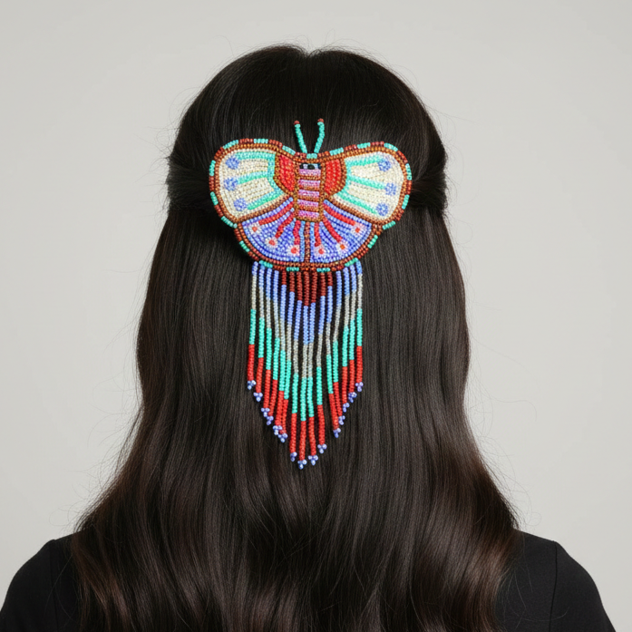 Barrettes papillons perlées avec franges Blanc et violet