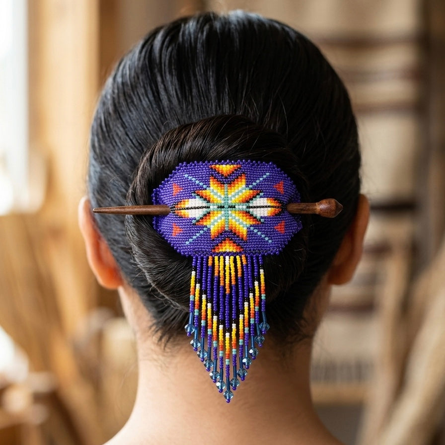 Barrette à perles frangée de plumes et bâtonnet en bois