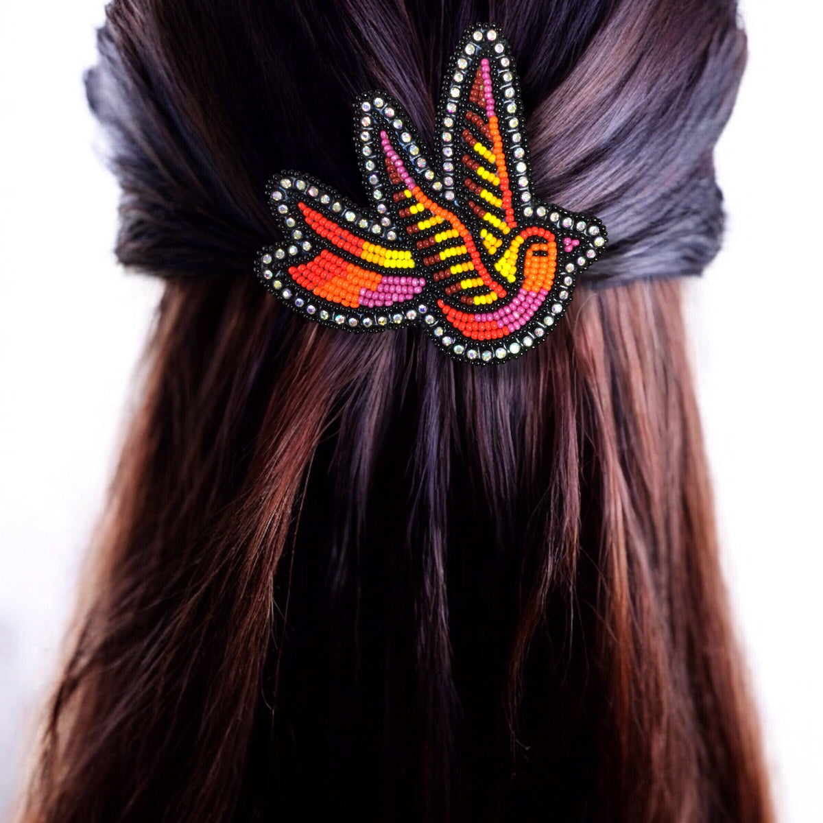 Barrette Colibri Perles Rouges et Roses