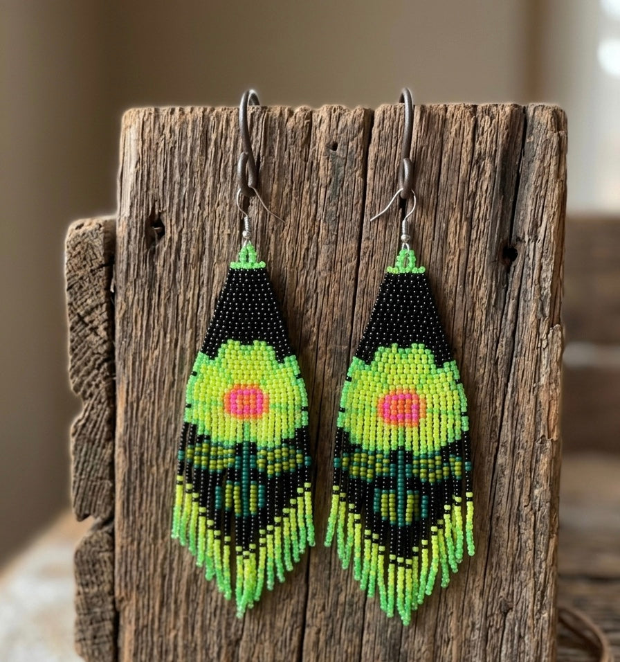 Boucles d'oreilles perles fleur (vert)