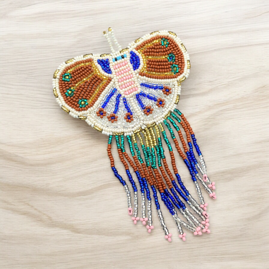 Barrettes à papillons perlées avec franges marron et blanc