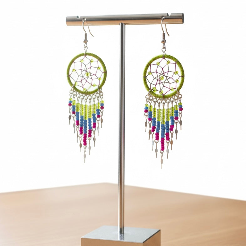 Boucles d'oreilles pendantes attrape-rêves vert sauge